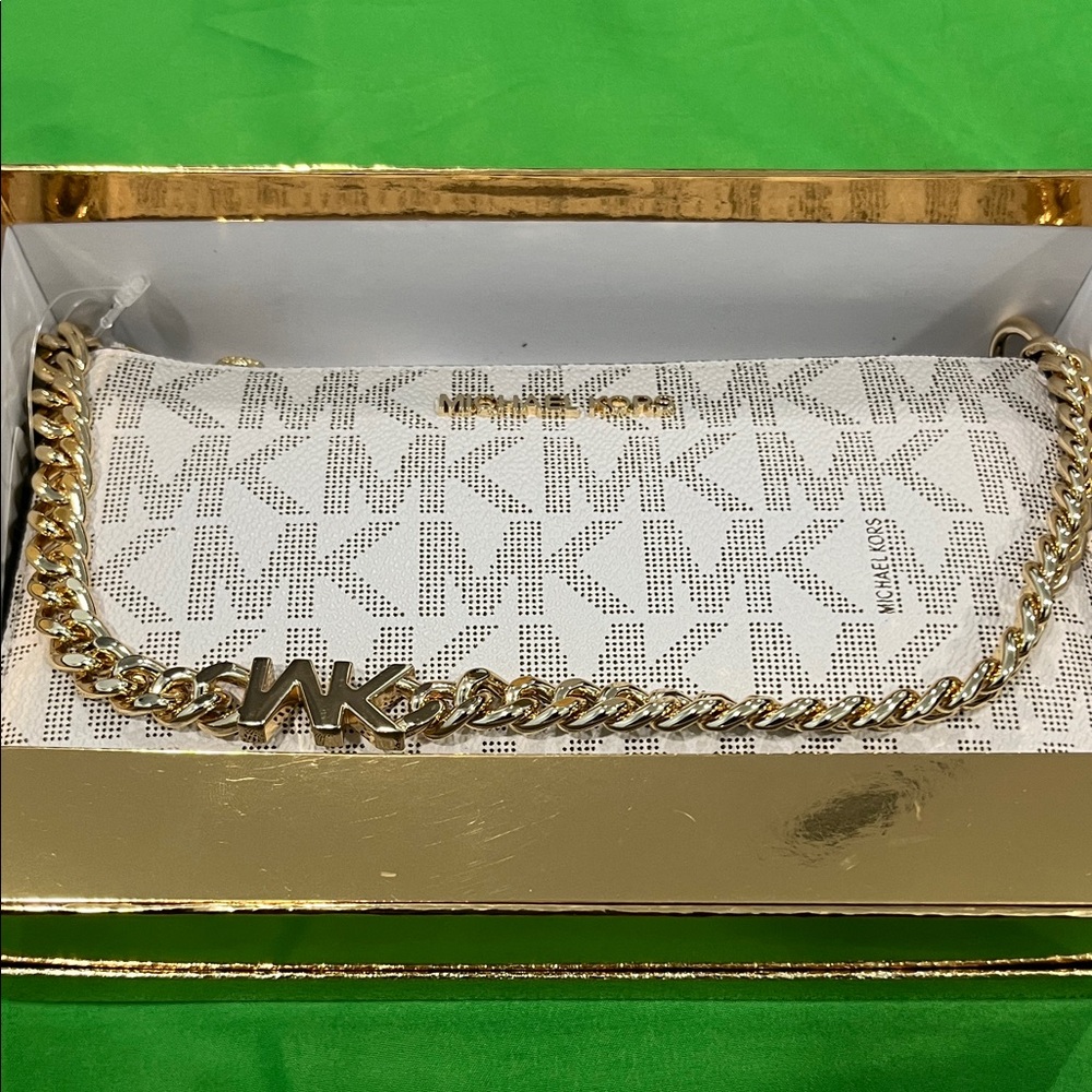 Michael Kors White Clutch with Gold Chain